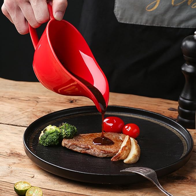 Gravy Container, Gravy Boat 200ml Ceramics Pourer with Spout and Handle Sauce Cup for Home Hotel Restaurant Red, Bowl