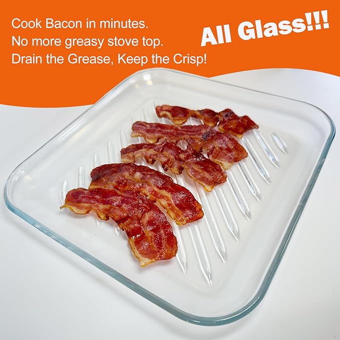 HoPliGhe Microwave Bacon Cooker, Square Glass Microwave Bacon Grill Tray 9.84inch,Cook Crispy Bacon in Minutes