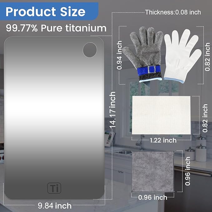 "100% Titanium Cutting Board - Pure Titanium Board for Kitchen, Includes Cut Resistant Gloves, Durable & Authentic for Home and Professional Chefs (Large)"