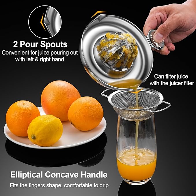 Lemon Squeezer Stainless Steel, Heavy Duty Hand Manual Citrus Juicer, Premium Orange Lime Fruit Squeezer, Robust Reamer Rotation 2 Pour Spout 200ML Container, Dishwasher Safe（5-Year Warranty）