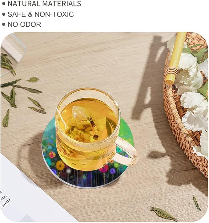 Round-4PCS Floral Ceramic Coasters, Round Absorbent Drink Coasters, Watercolour Abstract Wildflower Nature Plant Colorful Floral Ceramic Table Coasters for Coffee, Beverage, Wine, Beer Coasters