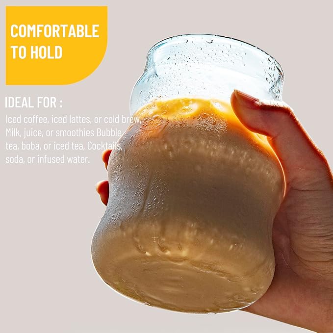 2 PCS Ribbed Glass Cups, 18 Oz Vintage Drinking Glasses, Wavy Design Cute Glass Cups for Iced Coffee, Beverage, Juice, Milk, Bubble Tea, Cocktails