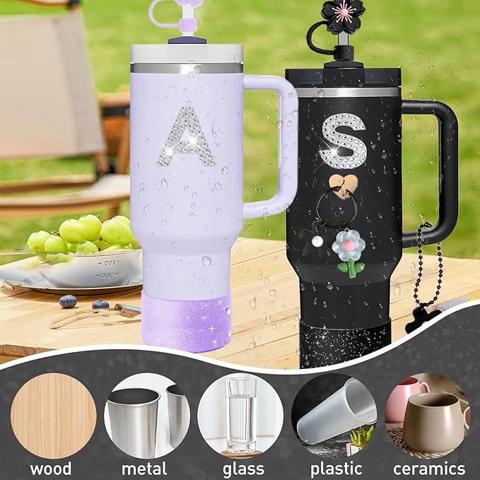 Accessories for Stanley Cups,8Pcs Cup Accessories Including Siliocne Boot,Cup Charm,Initial Letter Stickers,Straw Cover Accessories for Stanley 40oz and 30oz Tumbler