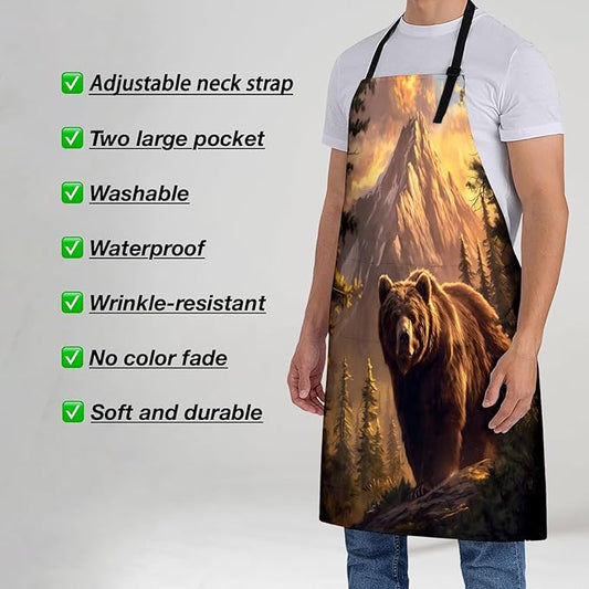 Wilderness Bear Apron for Women, 28x33in, Kitchen Chef Aprons with 2 Pockets, Polyester, Bear with Mountain Apron for Cooking BBQ Baking Gardening Chef, Gifts for Mom Wife Dad