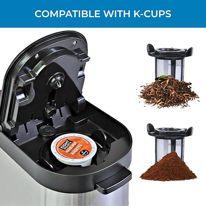 Koolatron Kenmore Single Serve Coffee Maker & Stainless Steel Travel Mug, Capsule/Pod & Ground Coffee Brewing, K Cup Compatible, Hot & Iced Coffee Machine, 6 to 14 Oz Brew Sizes, Auto Shut-Off, Black