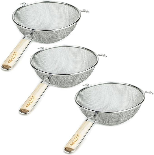 Huji Stainless Steel Fine 8" Double Mesh Food Strainer Colander Sieve Sifter with Wooden Handle for Kitchen Rice Pasta Noodles (3 Pack)