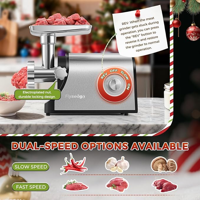 Flyseago Electric Meat Grinder 3200W Heavy Duty Commercial Meat Grinders, Sausage Stuffer, Kubbe Kit with 2 Cutting Blades, 3 Grinding Plates, 3 Sausage Tubes, Metal Gearbox Meat Grinder for Home Use