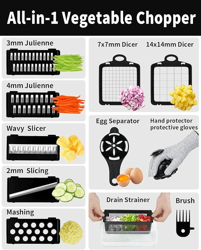 12 in 1 Vegetable Chopper Mandoline Slicer, Dicer Shredder Julienne Food Veggie Onion Chopper Cheese Grater with Container Salad Cutter Multi All-in-1 Kitchen Gadgets & Home Essentials