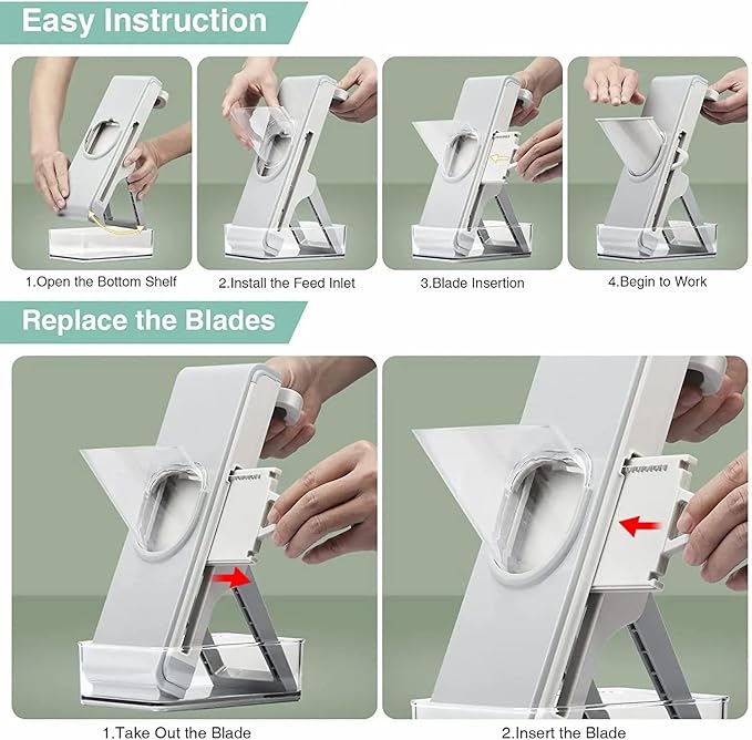 Safe Mandoline Slicer for Kitchen，Vegetable Chopper with Container and Lid，Adjustable Mandoline Slicer，4in1 Vegetable Chopper,Arrot 、Banana、Apple、Lemon、Fries slicer (Grey Blue)