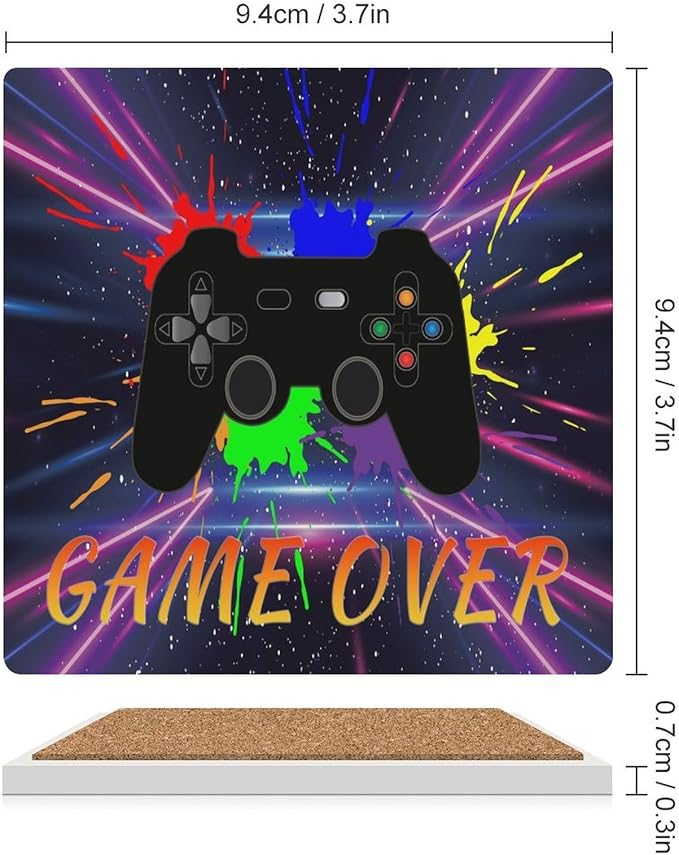 Square-4PCS Gamer Drink Coasters, Square Modern Ceramic Absorbent Coasters, Gaming Graffiti Gamepad Colorful Game Controller Cool Gamer Decor Desk Coffee Table Coaster for Beverage Cup Tea Coasters