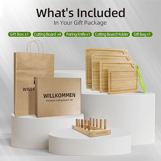 WILLKOMMEN 4-Piece Bamboo Cutting Boards for Kitchen, Chopping Board Set with Food Icon (Meat, Fish, Vegetables, Fruits) Butcher Block with Stands, Handles & Juice Grooves (Small, Medium, Large, XL)