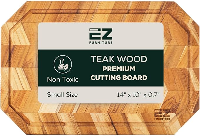 EZ FURNITURE Small (S) Teak Herringbone Wood Premium Cutting & Serving Board, Knife Friendly, Juice Groove & Handles, Pre-Oiled with Food-Grade Mineral Oil, Non-Toxic(S 14" x 10" x 0.7", 2.65 lbs)