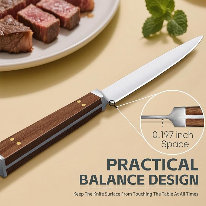 Purple Dragon Steak Knives Set of 8-4.7 Inch Non Serrated Dinner Knife with Square Wooden Handle – Elegant, Balanced, High Carbon German Steel - Christmas Gift for Men and Women