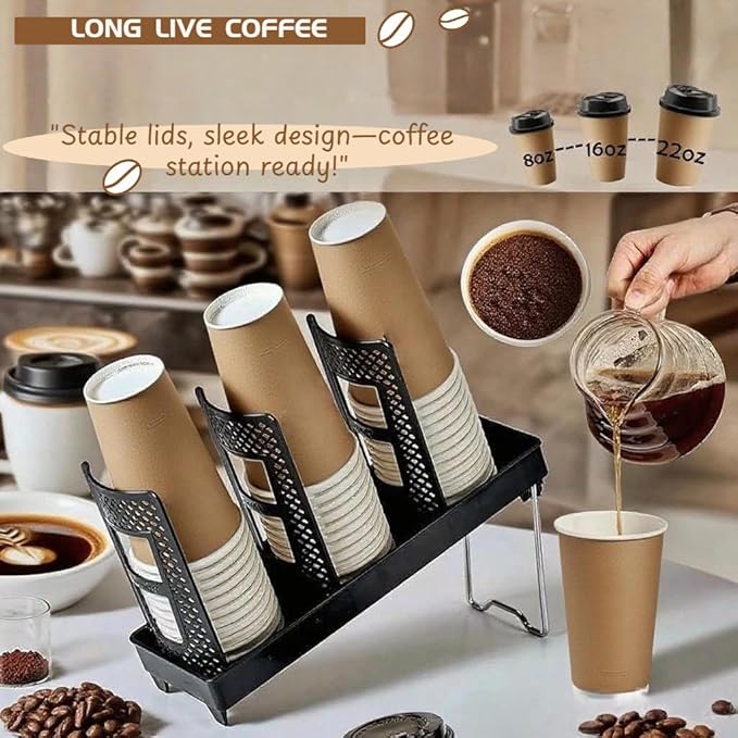 Coffee Cup Holder,Cup Lid Dispenser and Organizer Display Stand,Cup Display Stand on Restaurant,Bathroom,Kitchen,Coffee Shop.Suitable for Cups Ranging from 12 to 32 oz,3Slots