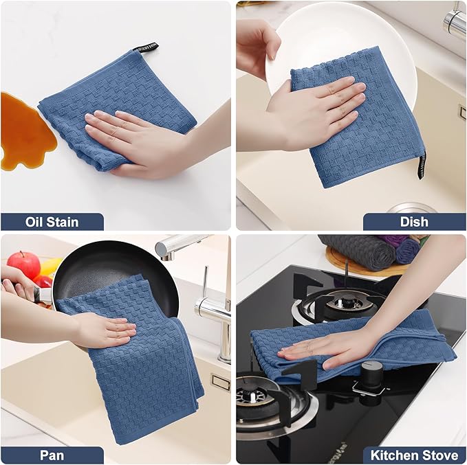 Homaxy 100% Cotton Kitchen Towels and Dishcloths Set, 12 x 12 & 15 x 25 Inches, Set of 8 Bulk Terry Cloth Dish Towels, Super Soft and Absorbent Hand Towel with Hanging Loop, Navy Blue