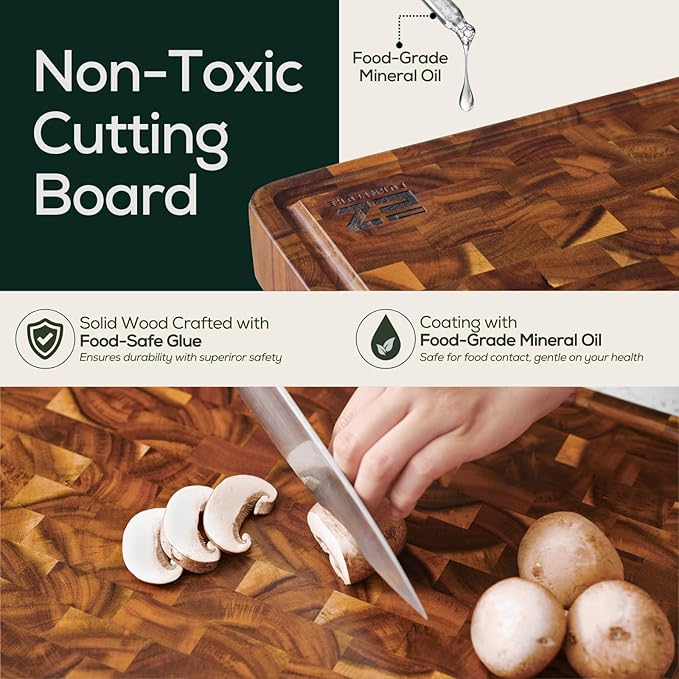 EZ FURNITURE Medium (M) Acacia Wood Premium Cutting & Serving Board, Knife Friendly, Pre-Oiled End Grain with Juice Groove & Handles, Non-Toxic (17"Lx13"Wx1.5"Th)