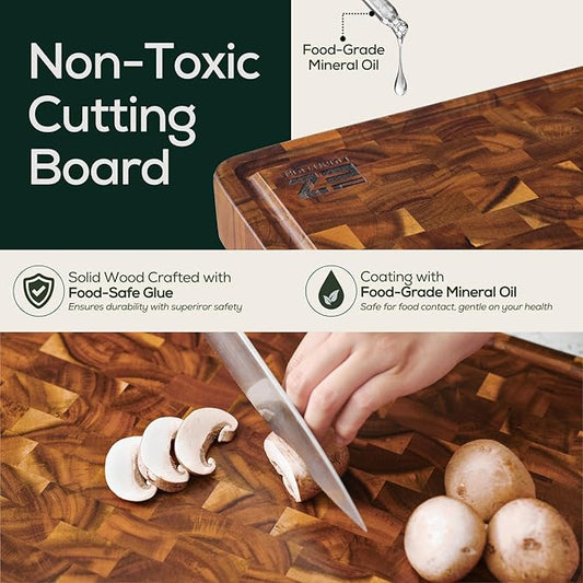 EZ FURNITURE Large (L) Acacia Wood Premium Cutting & Serving Board, End Grain with Juice Groove & Handles, Knife Friendly for Chopping, Non-Toxic (20" x 15" x 1.5", 11.46 lbs)