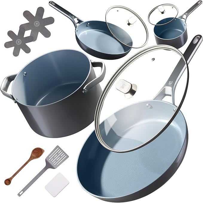 Premium Non-Toxic Ceramic Cookware Set – Triple-Layer Nonstick 12 Piece Pots and Pans with Lids, PFAS-Free, Oven Safe for Healthy Meals, Space-Saving Design, Midnight Gray Color | Greater Goods