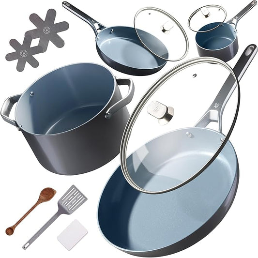 Premium Non-Toxic Ceramic Cookware Set – Triple-Layer Nonstick 12 Piece Pots and Pans with Lids, PFAS-Free, Oven Safe for Healthy Meals, Space-Saving Design, Midnight Gray Color | Greater Goods