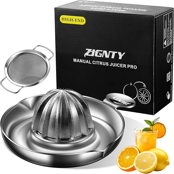 Lemon Squeezer Stainless Steel, Heavy Duty Hand Manual Citrus Juicer, Premium Orange Lime Fruit Squeezer, Robust Reamer Rotation 2 Pour Spout 200ML Container, Dishwasher Safe（5-Year Warranty）