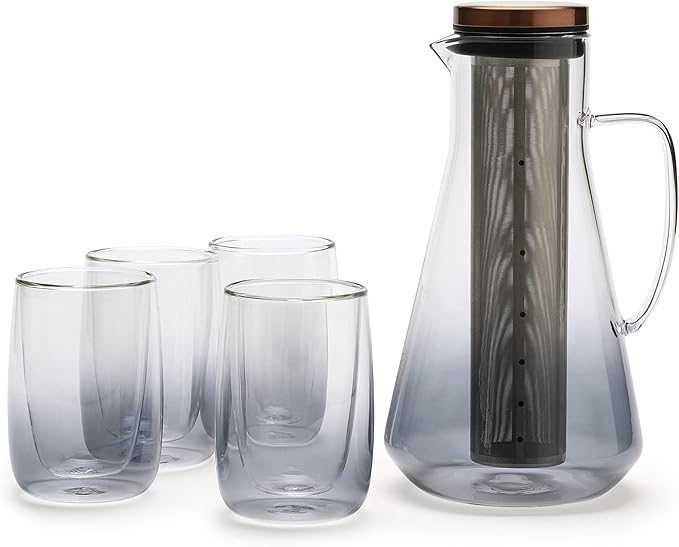 Sio Cold-Infusion Pitcher – 54 fl oz / 1600 mL Borosilicate Glass Pitcher with Micro-Fine 316 Stainless Steel Strainer & Copper-Plated Lid, Includes Measuring Scoop