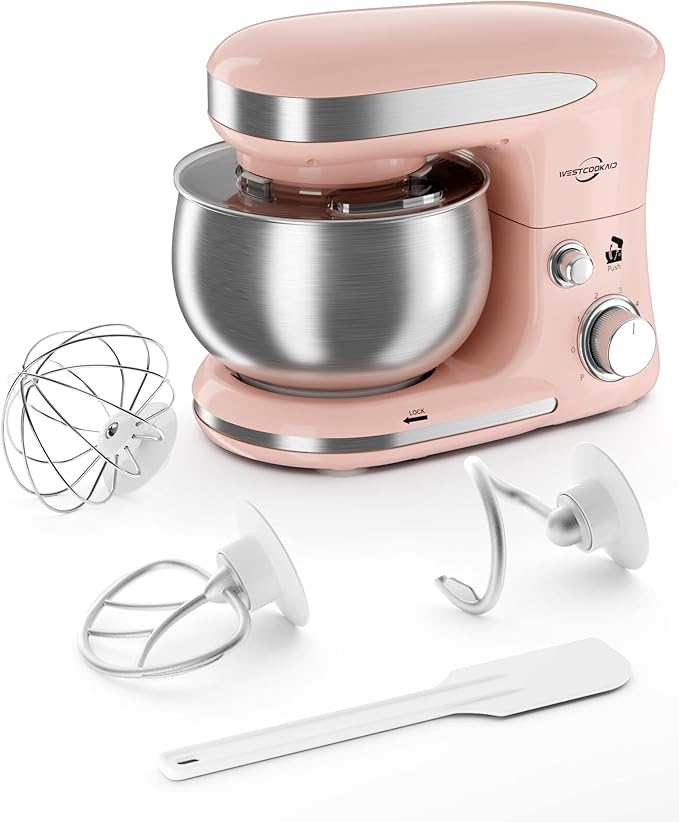 Stand Mixer, 3.4QT Lightweight Kitchen Mixer, 6+P Speed Tilt-Head Electric Food Mixers for Daily Use with Egg Whisk, Dough Hook, Flat Beater, Bread Dough Mixer for Baking (Pink)