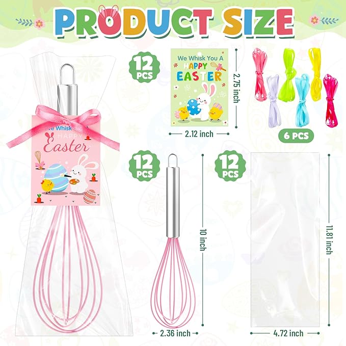 12 Sets 10 Inch Easter Whisks Gifts for Kids Home Baking Sets Includes Colored Whisks, Greeting Cards, Ribbons, Plastic Bags for Happy Easter Teacher Family Friends Neighbor