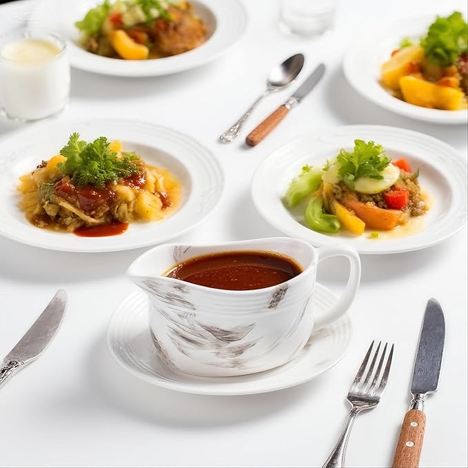 Gravy Boat with Saucer, Large Ceramic Sauce Boat with Tray for Salad Dressings, Creamer, Black Pepper, Gravy Bowl Sauce Pourer Perfect for Kitchen Accessories
