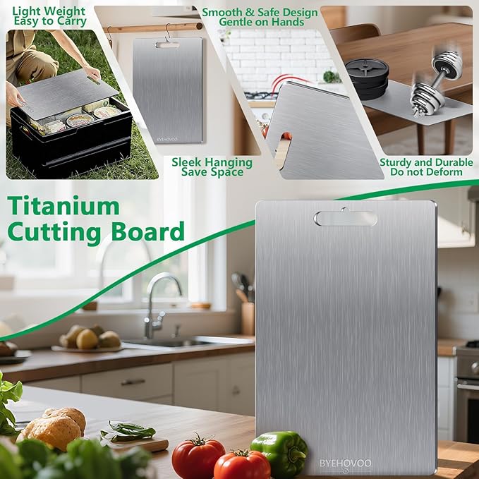 Titanium Cutting Board for Kitchen, Double Sided Pure Titanium Cutting Board | Easy to Clean | Dishwasher Safe | Food-Grade Raw & Cooked Foods or Outdoor Camping Chopping Board (13.4 x 9 inch)