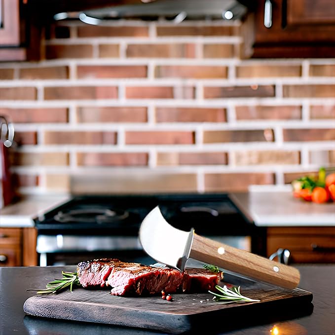 2Pack Adaptive Rocking Knife One-Handed Steak Cutter with Curved Blade, Anti-Slip Wooden Handle Rocker Knife for Meat & Veggies