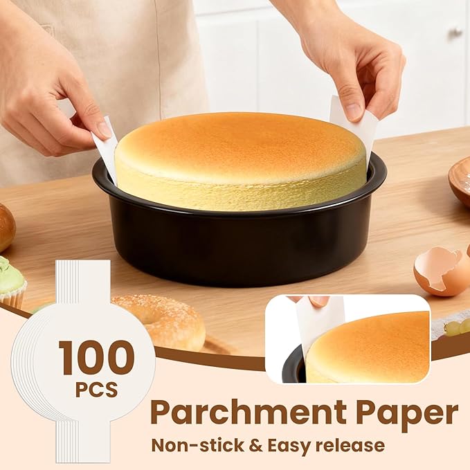 tutikuki 8 Inch Round Cake Pan Set of 3 - Nonstick Carbon Steel Cake Baking Pans with 100 PCS Parchment Paper, Dishwasher Safe, Durable for Layer Cakes, Birthday & Christmas Baking
