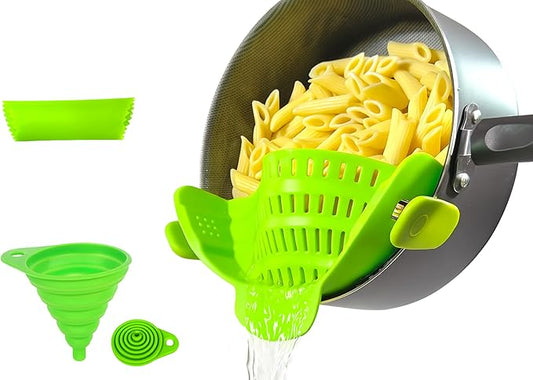 Clip on Strainer Silicone for All Pots and Pans, Colander, Pot Strainer for Pasta, Meat, Vegetables, Space Saving Design, Food-Safe w/Collapsible Funnel, Garlic Peeler, 3 Pack(Lime Green)