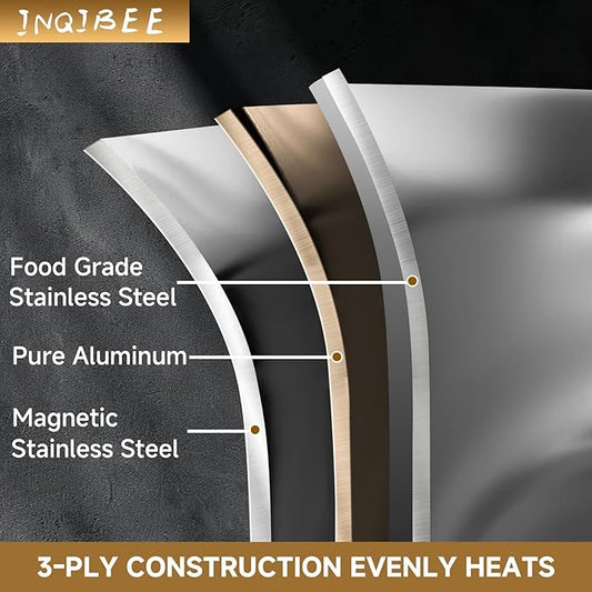 Inqibee 3 Quarts Tri-Ply Stainless Steel Sauté Pan with Lid,10 inch Induction Deep Frying Pan,Large Skillet,Jumbo Cooker,Dishwasher and Oven Safe,Detachable Handle.