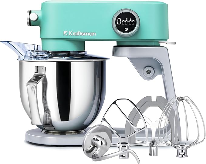 Kraftsman All-Metal Stand Mixer 5.3-Quart - Professional Kitchen Electric Food Mixer with Stainless Steel Mixing Bowl & Attachments for Baking, Dough & Cake, 8-Speed Control & Timer (Blue)
