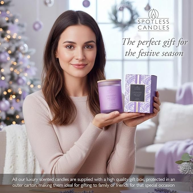Lavender Candle - 9.7 oz /275g Lavender Scented Candle in Purple Glass Jar with Wooden Lid and Wooden Crackling Wick in a Luxurious Gift Box - Gentle, Tranquil and Relaxing