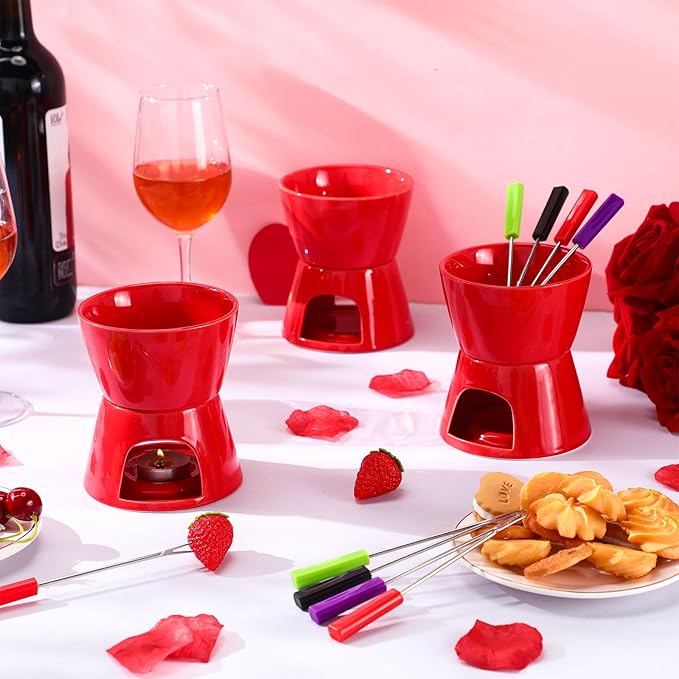 Mudder 6 Pieces Fondue Mug Ceramic Pot and 24 Pieces Forks Set for Melting Chocolate, Cheese, Broth or Tapas on Valentine's Day Gift(Red)