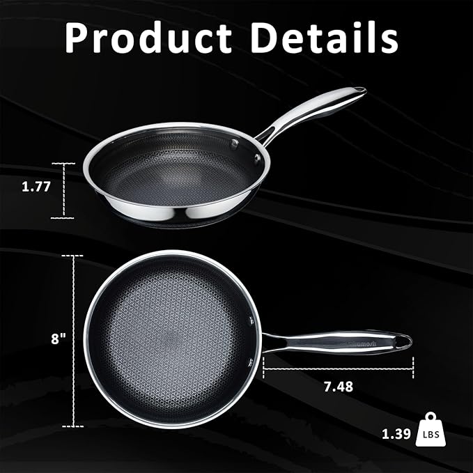 SAKAMOSH 8" Non Stick Frying Pans, Hybrid Ceramic Stainless Steel Pan, Skillet with Stay-Cool Handle, Non Toxic, PFAS PFOA PTFE Free, Dishwasher & Oven Safe, Induction, Compatible with All Cooktops