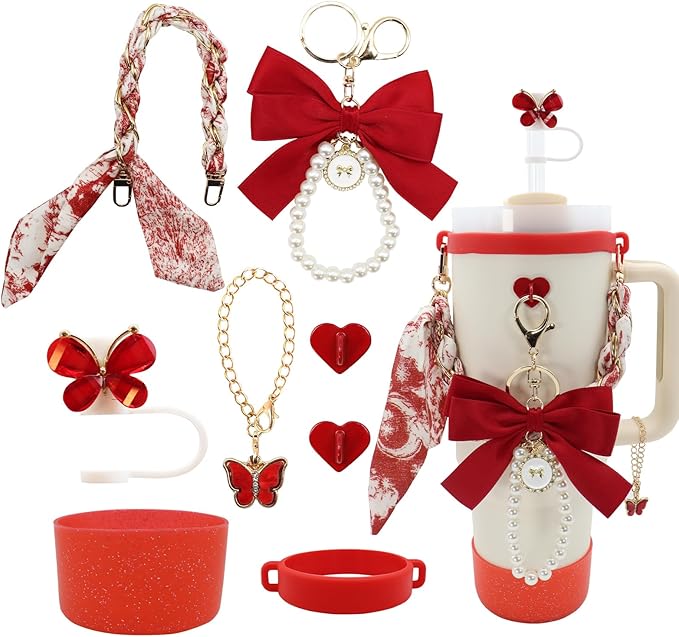 Stanley Cup Accessories Set for 40oz & 30oz Tumbler Including Water Bottle Handle Strap、Bow Keychain、Cup Ring、Bling Silicone Boots、Butterfly Straw Topper、Charm Accessories for Stanley Cup