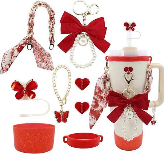Stanley Cup Accessories Set for 40oz & 30oz Tumbler Including Water Bottle Handle Strap、Bow Keychain、Cup Ring、Bling Silicone Boots、Butterfly Straw Topper、Charm Accessories for Stanley Cup