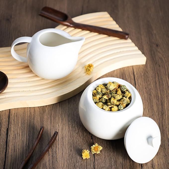 Sizikato Pure White Porcelain Sugar and Creamer Set, 14 Oz Salt Bowl with Lid and 10 Oz Creamer Pitcher