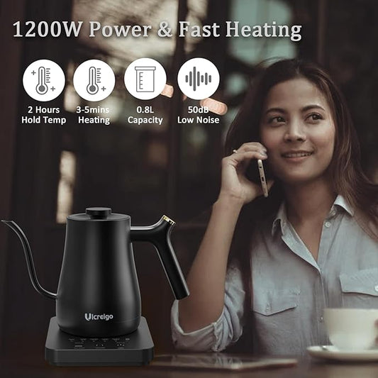 Gooseneck Electric Kettle,Ulcreigo Tea Kettle for Boiling Water, Temperature Control with 5 Variable Presets,Hot Water Boiler Heater for Pour Over Coffee, Keep Warm 2 Hours,304 Stainless Steel(Black)