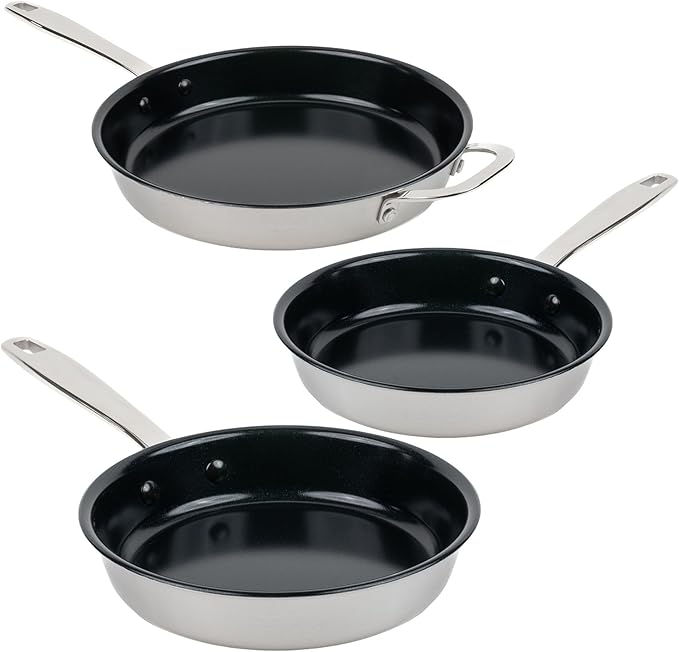 Alva Maestro 3-Piece Stainless Steel Nonstick Frying Pan Set – Made Without PFAS, PFOA & PTFE Ceramic Coating – Reinforced 5-Ply Aluminum Core, Oven & Induction Safe for Even Heat, Easy Clean Coating