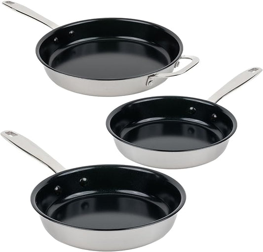 Alva Maestro 3-Piece Stainless Steel Nonstick Frying Pan Set – Made Without PFAS, PFOA & PTFE Ceramic Coating – Reinforced 5-Ply Aluminum Core, Oven & Induction Safe for Even Heat, Easy Clean Coating