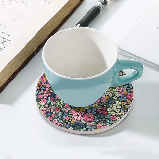 Round-6PCS Floral Ceramic Coasters, Round Absorbent Drink Coasters, Cartoon Abstract Wildflower Nature Plant Colorful Floral Ceramic Table Coasters for Coffee, Beverage, Wine, Beer Coasters