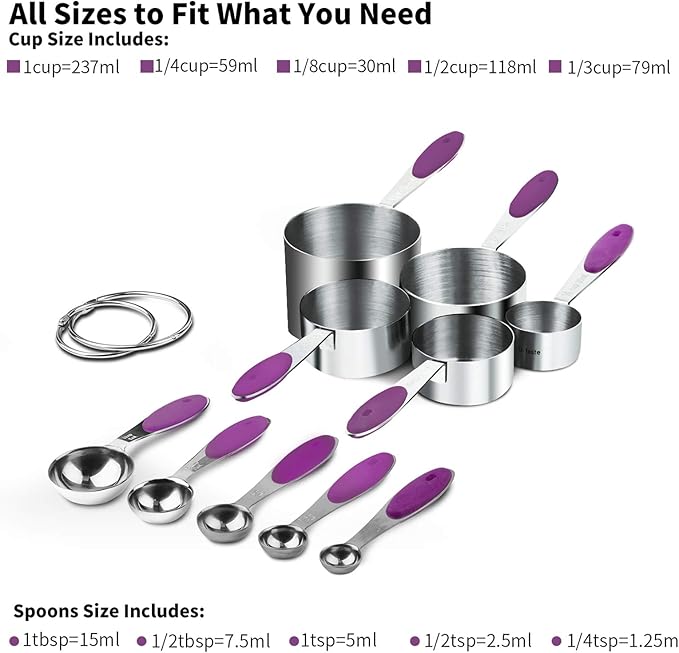 U-Taste 18/8 Stainless Steel Measuring Cups and Spoons Set and 600ºF High Heat-Resistant Kitchen Tong Set (Purple)
