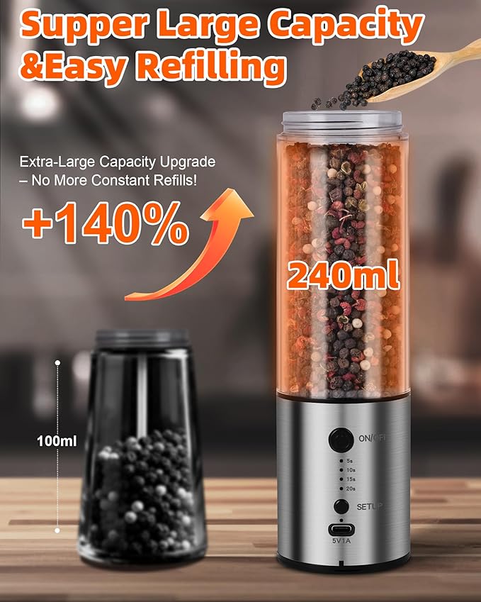 Electric Salt and Pepper Grinder Set, 1-Pack 240ML Capacity, USB-C Rechargeable 4-Timing Settings, Automatic Salt and Pepper Shakers, One-Handed Operation, Birthday Gifts for Women Mom