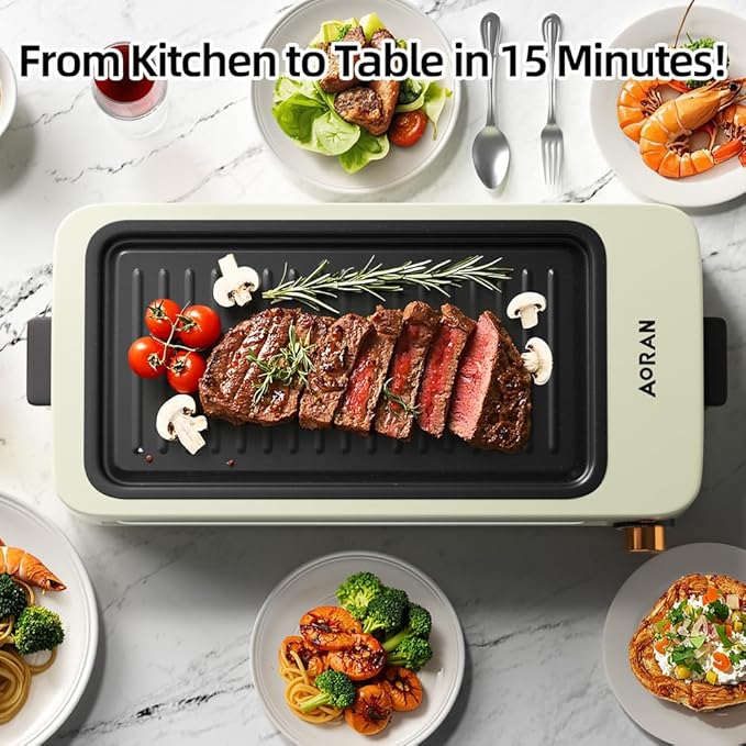 AORAN Electric Indoor Grill – 1700W Smokeless BBQ, Hot Pot & Griddle with 4 Free Tools – Adjustable Temp Control, Non-Stick Coating, Easy Clean White