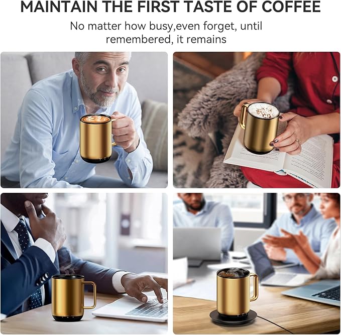 Vsitoo S3 Plus 14oz Heated Coffee Mug- Temperature Control Smart Mug with Mug Warmer, Auto-Sensing AI Heats Drinks to 120-150°F Hands-Free.Ideal for Home/Office/Gifts，Gold