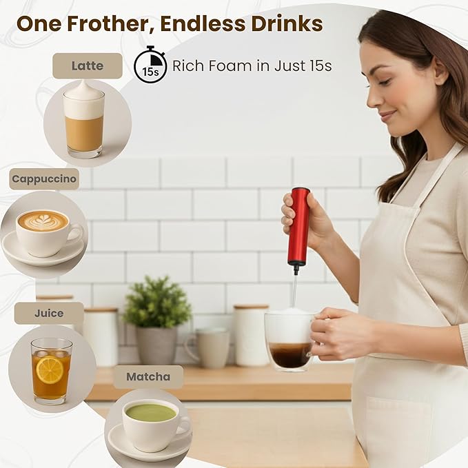 VOMELON Milk Frother, Rechargeable Battery Operated Frother for Coffee,Portable Drink Mixer with 2 Stainless Steel Whisk Heads,Milk Foamer for Keto Coffee, Latte, Cappuccino, Hot Chocolate,Rube Red