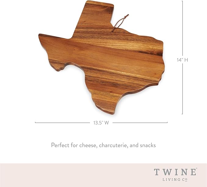 Twine Living Texas-Shaped Acacia Wood Cheese Board - Durable Cheese, Charcuterie and Serving Platter with Hanging Loop, Perfect for Entertaining and Kitchen Décor, Texas Cutting Board, Set of 1